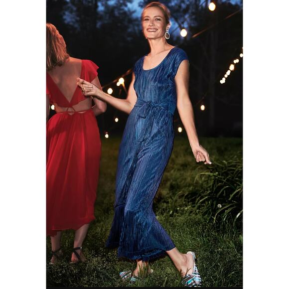 Maeve Anthropologie Sonata Blue Pleated One Piece Wide Leg Jumpsuit - Picture 4 of 12